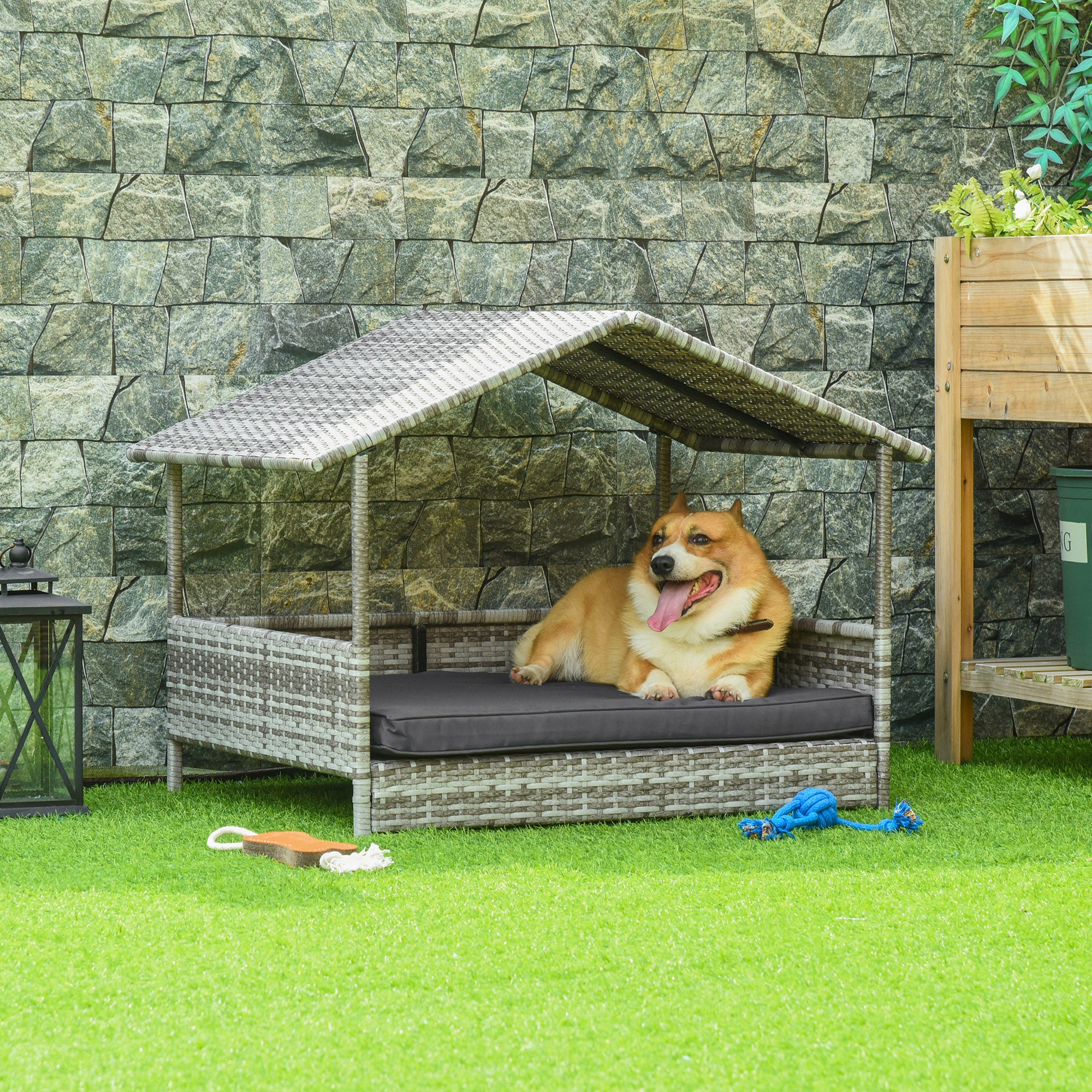 PawHut Rattan Hundehaus 69x98x70 cm mit Kissen grau