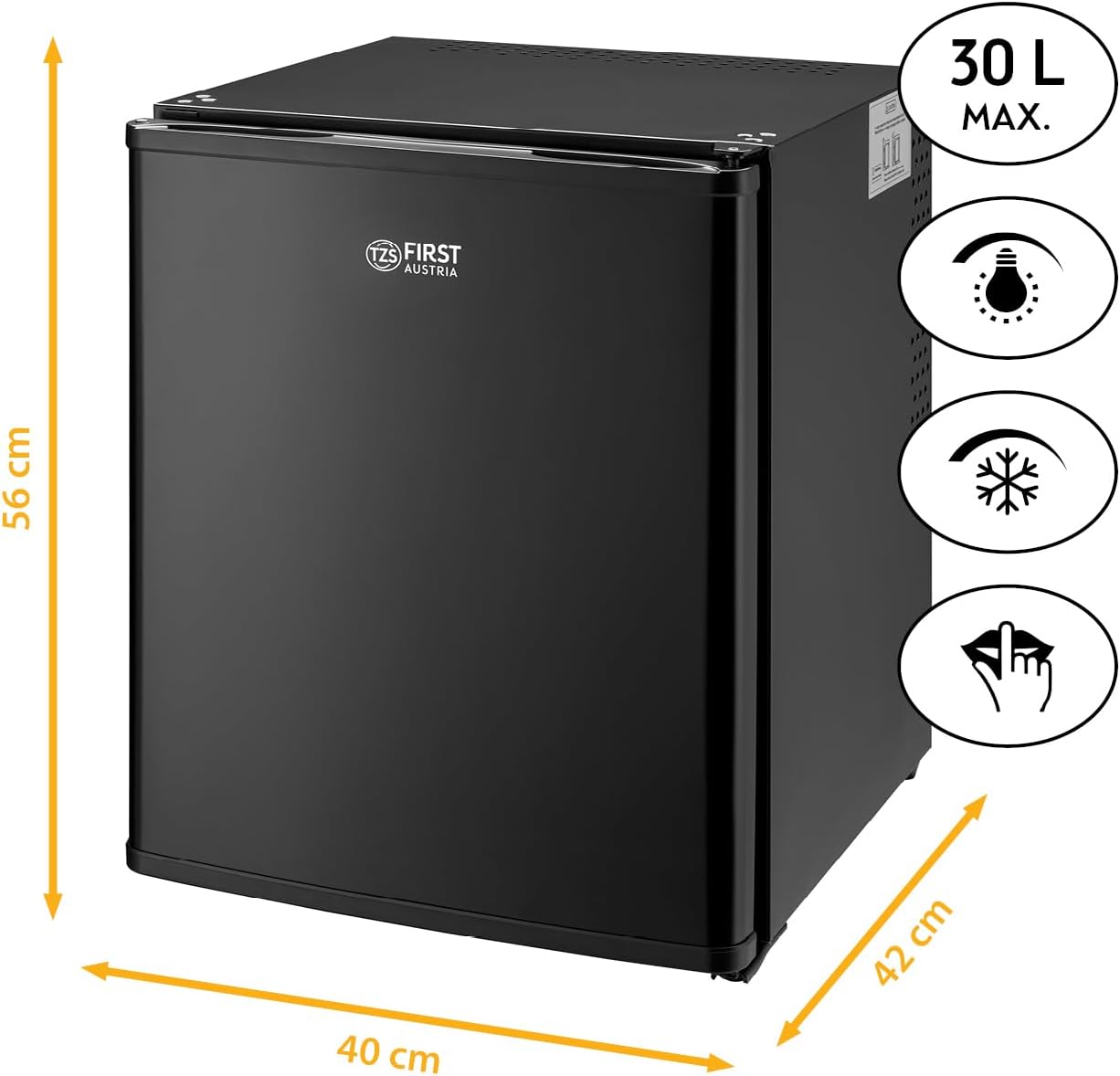 TZS First Austria lautloser Minikühlschrank | Getränkekühlschrank | Wechselbarer Türanschlag | LED-Beleuchtung | ohne Gefrierfach | 30L