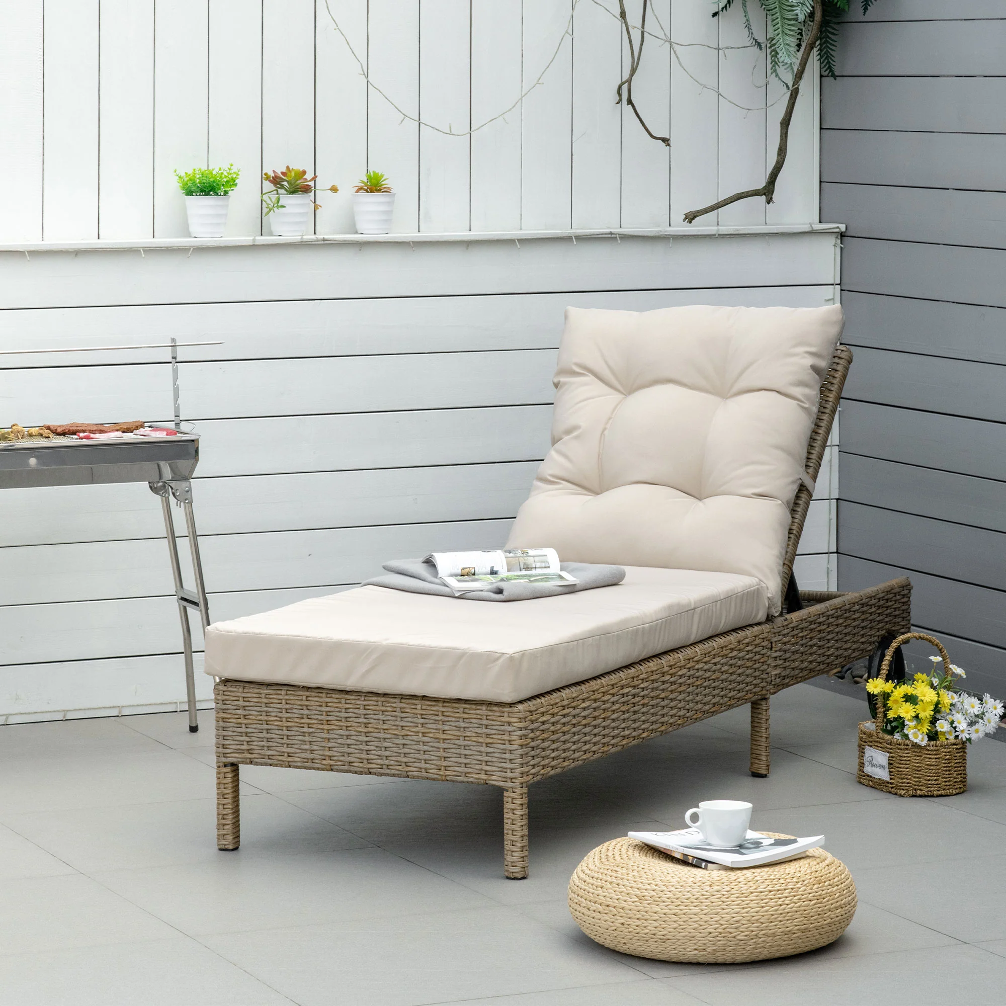 Outsunny Polyrattan Sonnenliege mit Kissen, Natur+Khaki