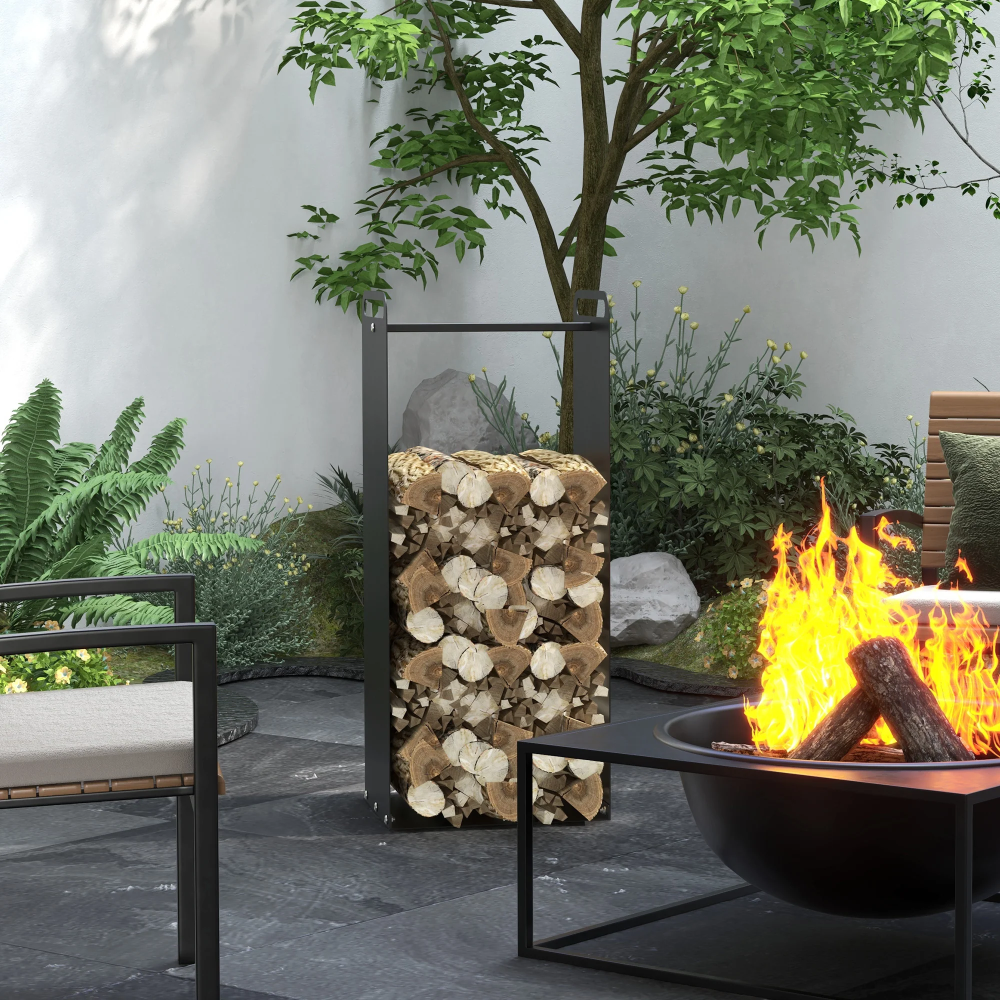 Outsunny Kaminholzregal mit Griffen – 36 × 30 × 90 cm, Stahl, Schwarz