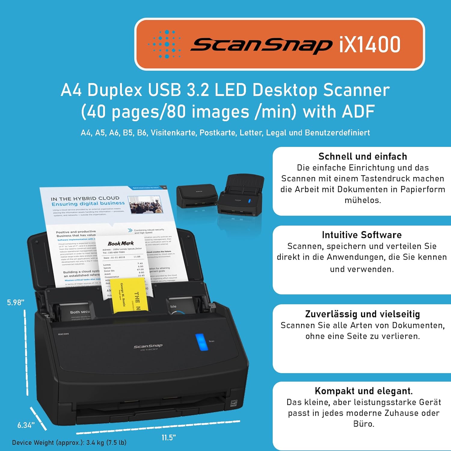 ScanSnap iX1400 Desktop Dokumentenscanner (Schwarz) - A4, Duplex, USB 3.2 mit ADF