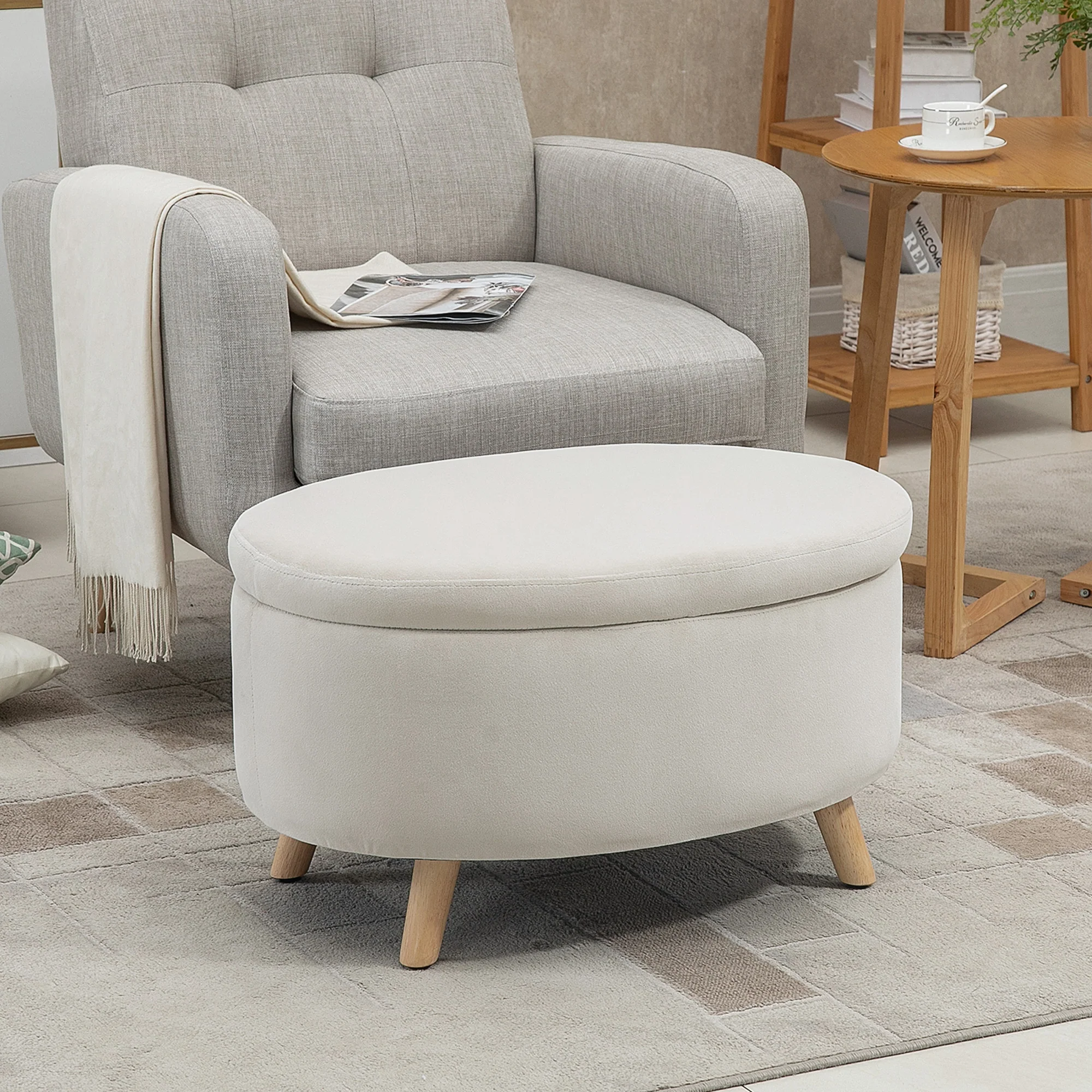 HOMCOM Sitzbank Sitztruhe oval Stauraum Samtoptik Holzbeine Beige