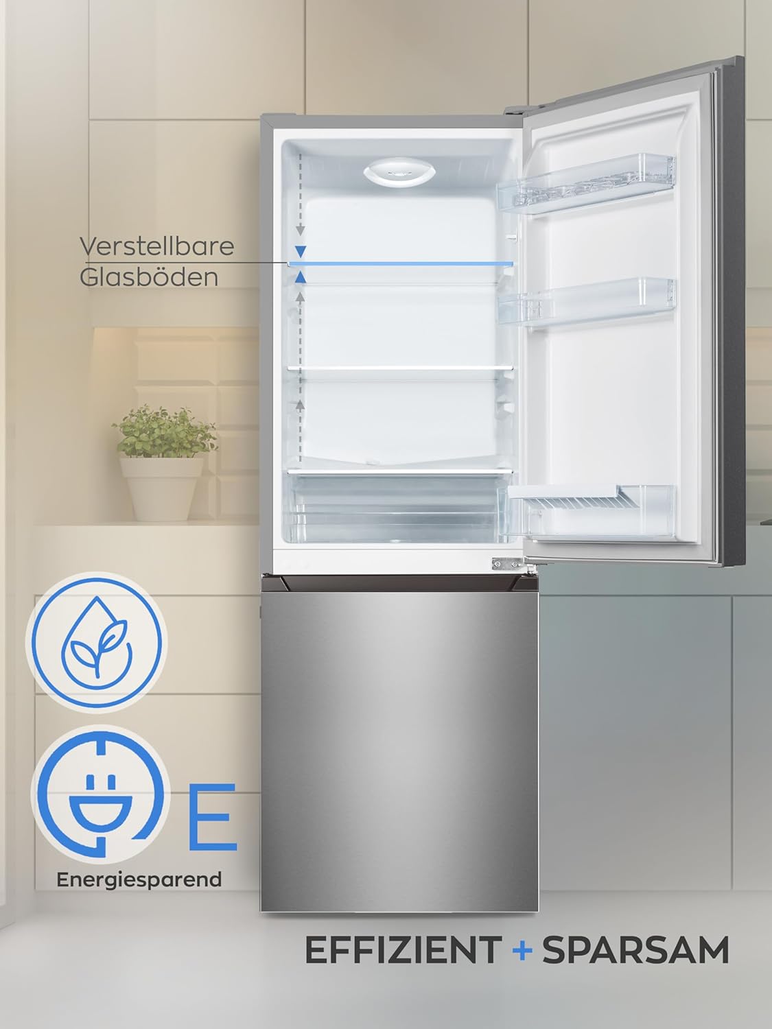 HEINRICHS Kühlgefrierkombination 175Liter, Kühlvolumen 122L, Gefrierfach 53L,LED Innenraumbeleuchtung, Kühlschrank Türanschlag wechselbar, leise 39dB,groe Tiefkühlboxen, 7 Temperaturstufen,inox