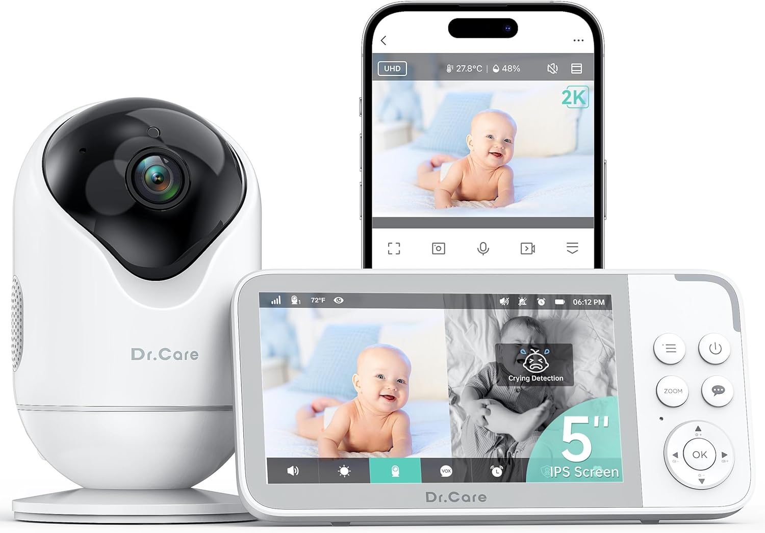 Dr.Care VistaView Smart WLAN Babyphone mit 2 Kameras, 5” 1080P HD, 2K Kamera, App-Steuerung, Bewegungs- & Weinen-Alarm, Nachtsicht, 5000mAh, Zwei-Wege-Audio, 390m Reichweite