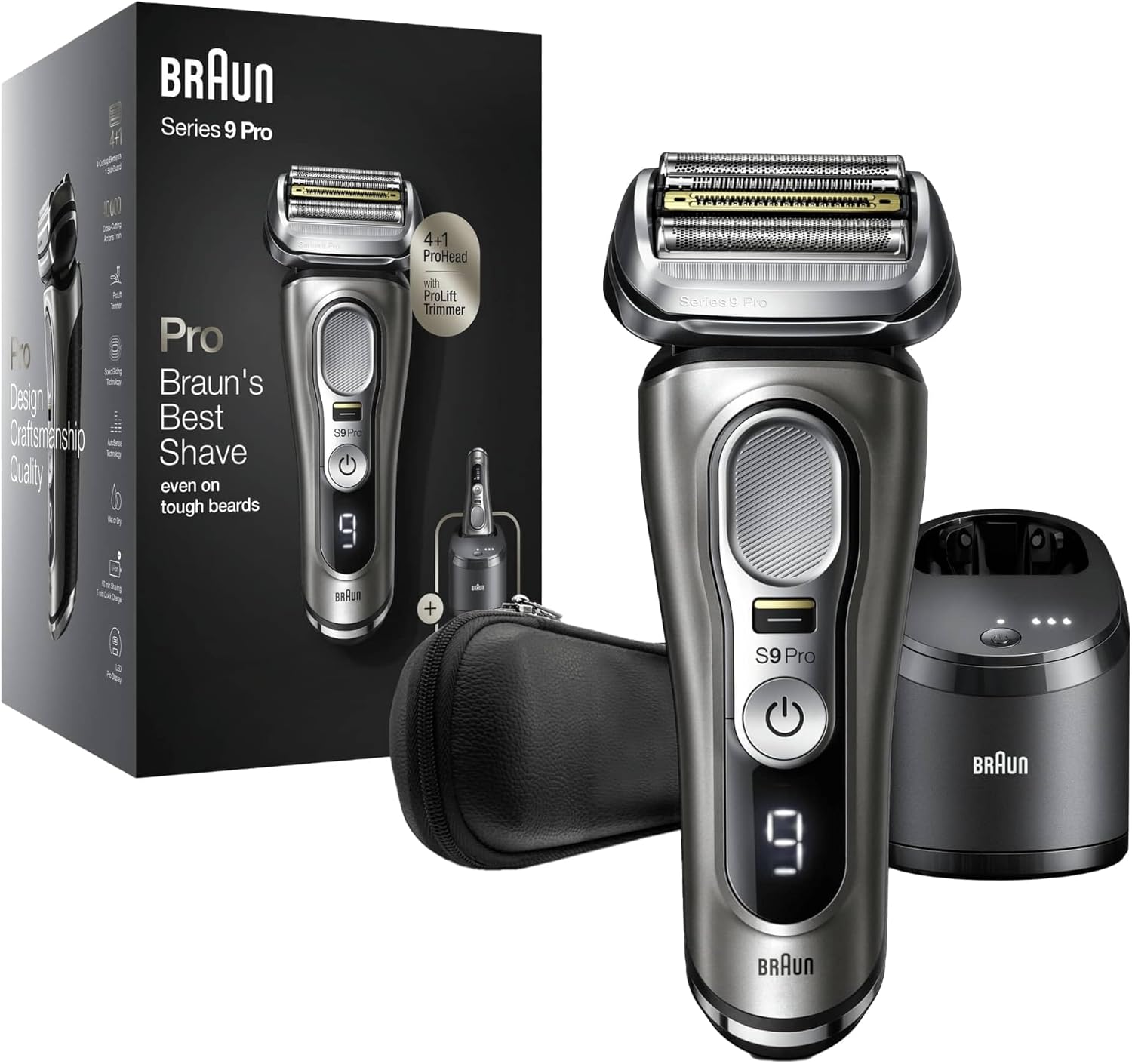 Braun Series 9 Pro Premium Rasierer Herren, Testsieger Stiftung Warentest, 4+1 Scherkopf, Elektrorasierer & Trimmer, Reinigungsstation, 60 Min Laufzeit, 9465cc, noble metal