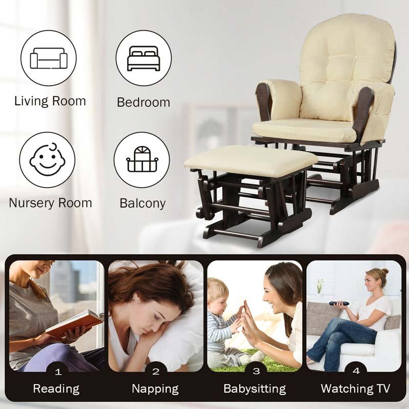 Solid Wood Nursery Gliding Rocking Chair, Baby Glider and Ottoman Set with Padded Cushions & Storage Pockets