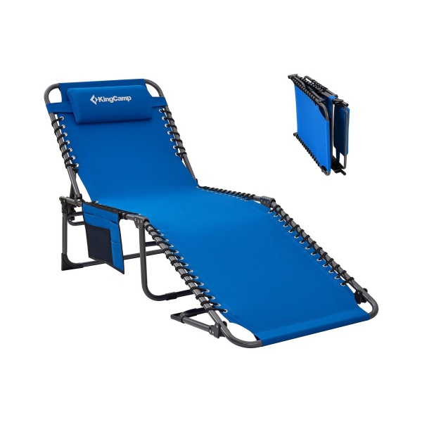 4-Fold Outdoor Folding Chaise Lounge Chair for Beach, Sunbathing, Patio, Pool, Lawn, Deck, Portable Lightweight Heavy-Duty Adjustable Camping Reclining Chair with Pillow, Blue