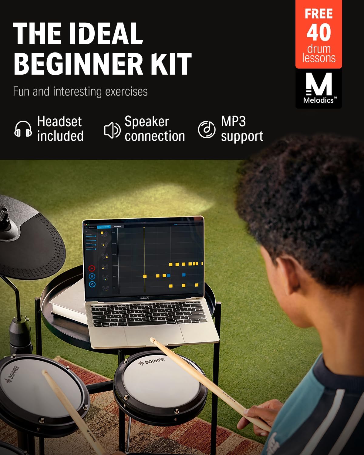 Donner DED-80 Electronic Drum Set, Electric Drum Set for Beginner with 4 Quiet Mesh Drum Pads, 2 Switch Pedal, 180+ Sounds, Throne, On-Ear Headphones, Sticks, and Melodics Lessons Included.