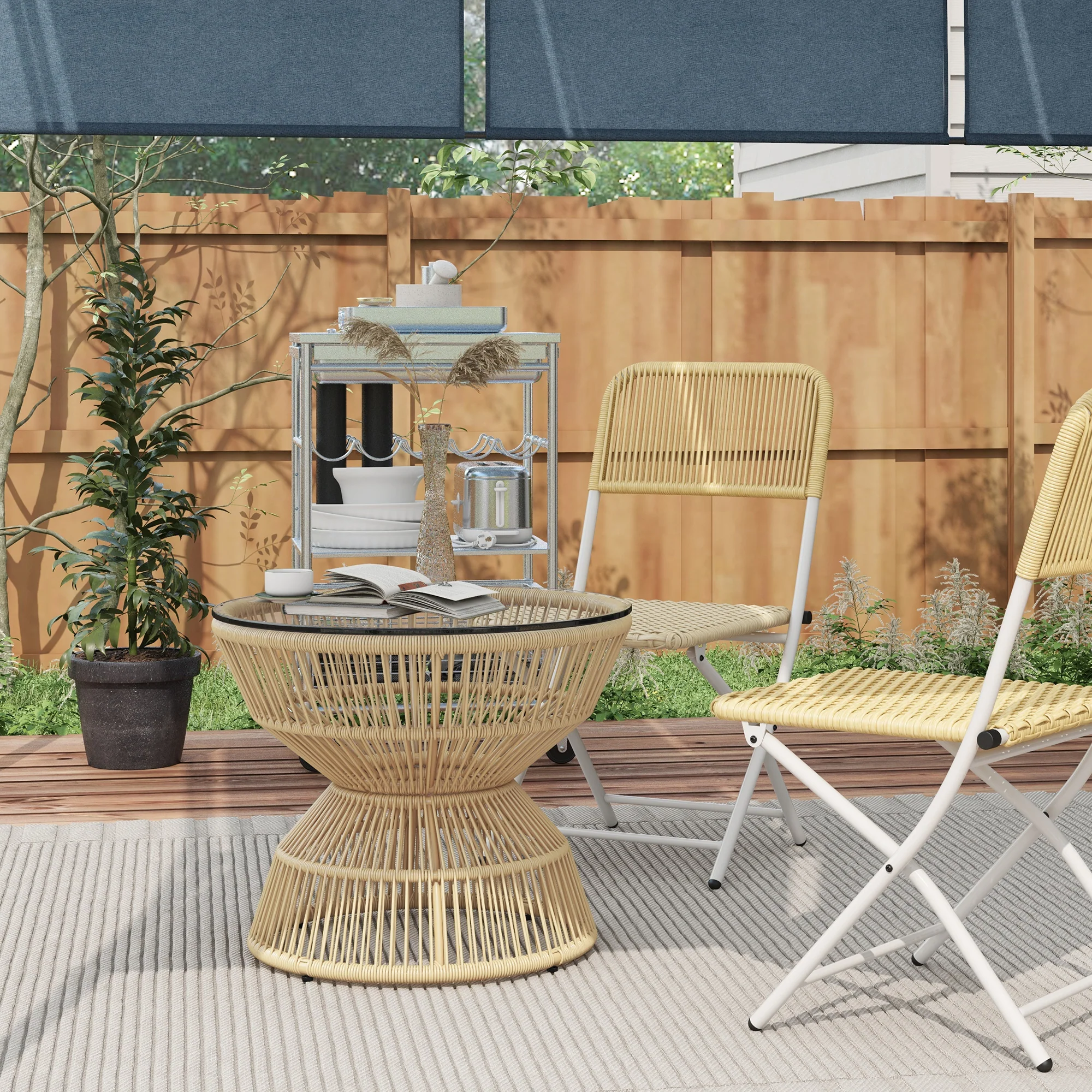 Outsunny Gartentisch Beistelltisch Boho-Stil Hartglas Rattan