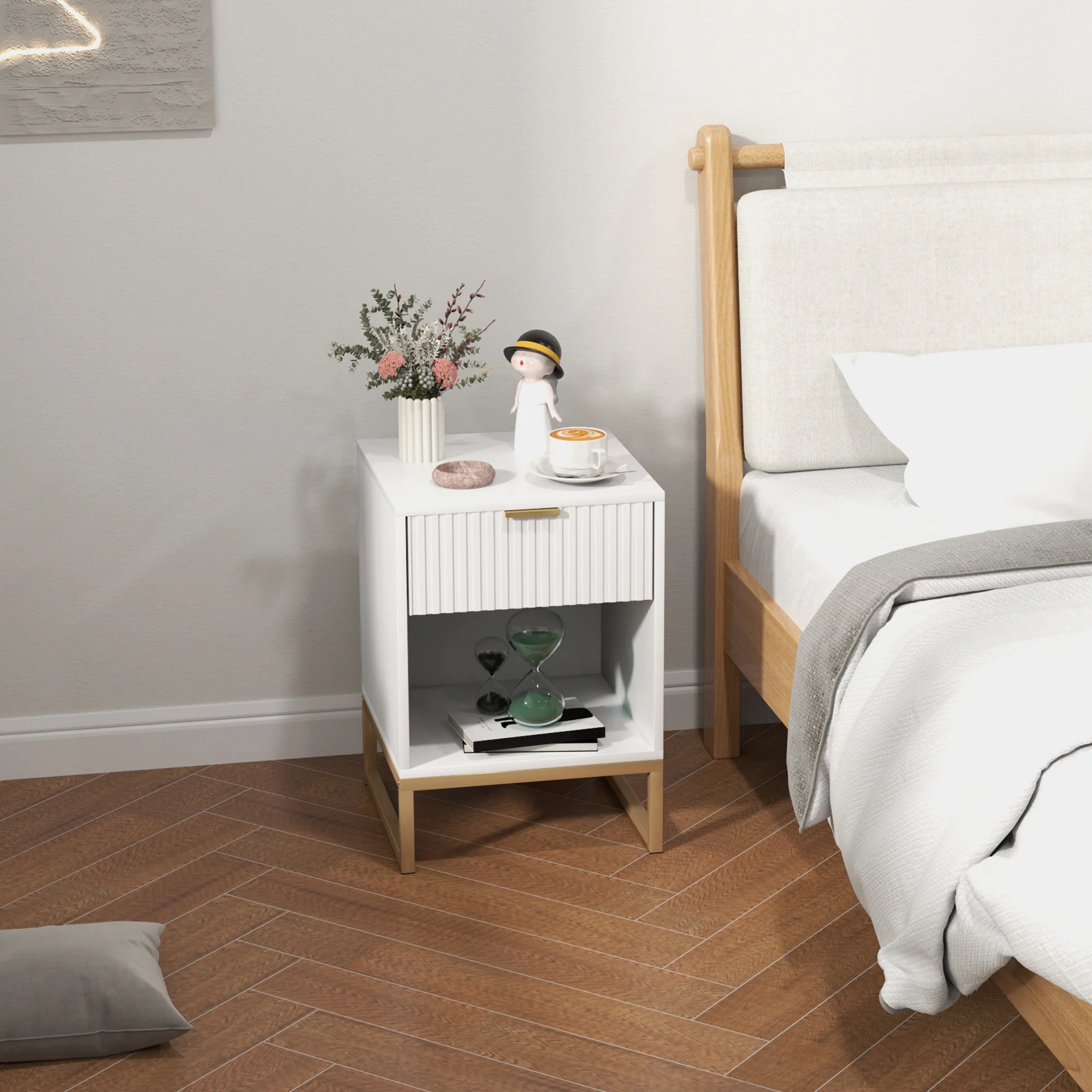 HOMCOM Nachttisch Beistelltisch mit Schublade Rillenfront Weiß