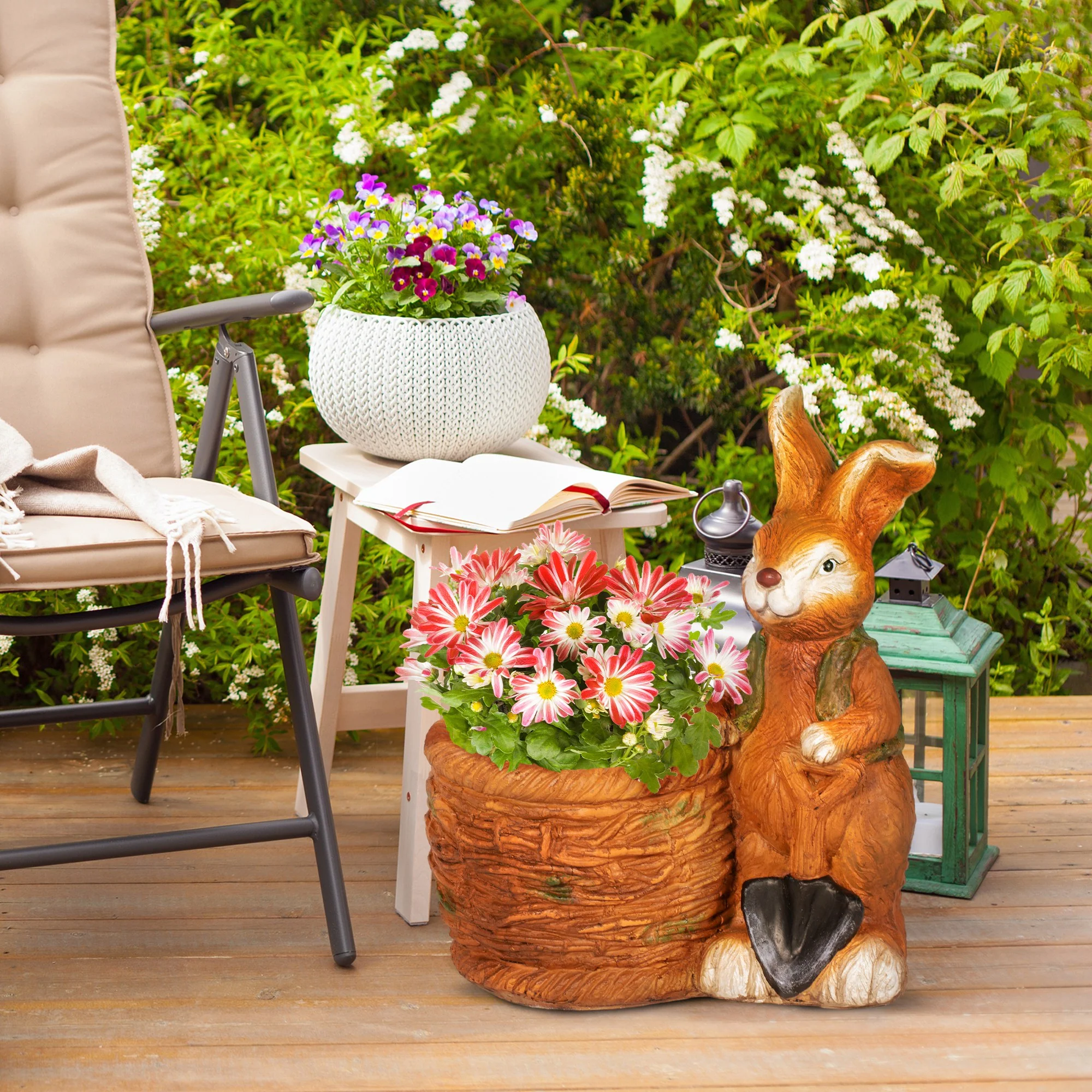Outsunny Blumentopf Hase mit Weidenkorb Outdoor Drainageloch