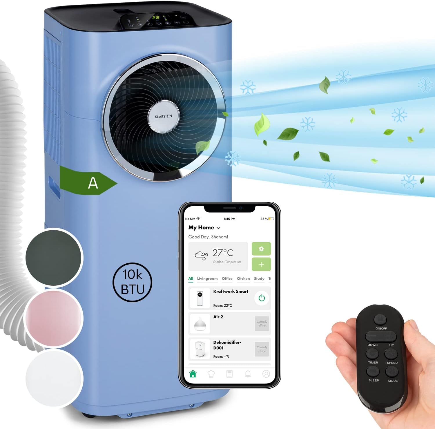 Klarstein Mobile Klimaanlage mit Abluftschlauch, 5-in-1 Klimagerät, Ventilator, Luftentfeuchter, Luftreiniger & Nachtmodus, App-Steuerung, Kleine & Portable, für Wohnung & Büro, 12000 BTU