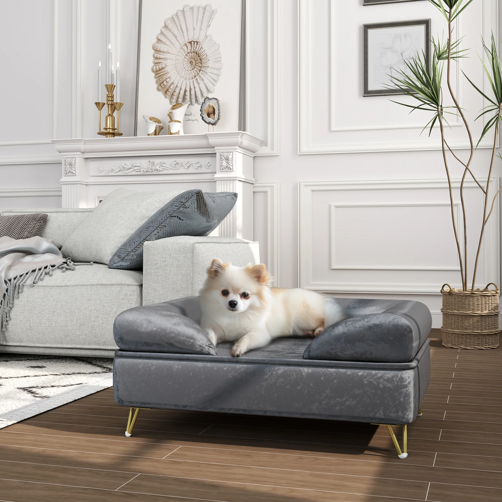 PawHut Hundesofa Grau 76x53,5x34 cm mit Rückenlehne & Metallfüßen
