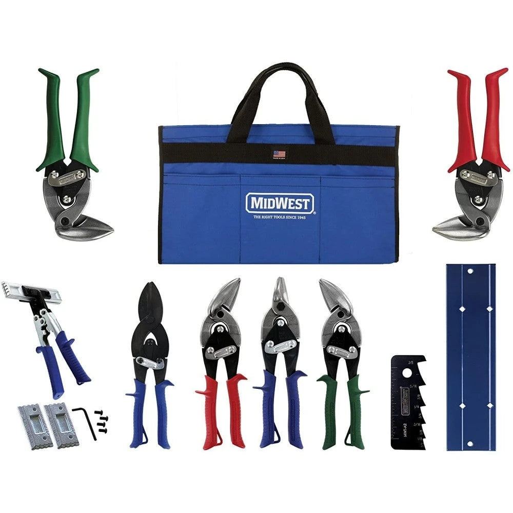 MIDWEST HVAC Tool Kit – 9 Piece Set Includes Aviation Snips with Metalworking Tools & Bag – MWT-HVACKIT03