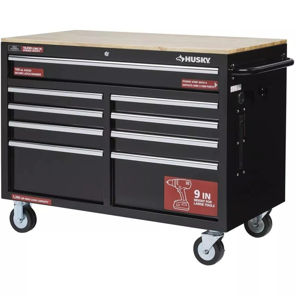 🔥46 in. W x 24 in. D 9-Drawer Gloss Black Deep Tool Chest Mobile Workbench