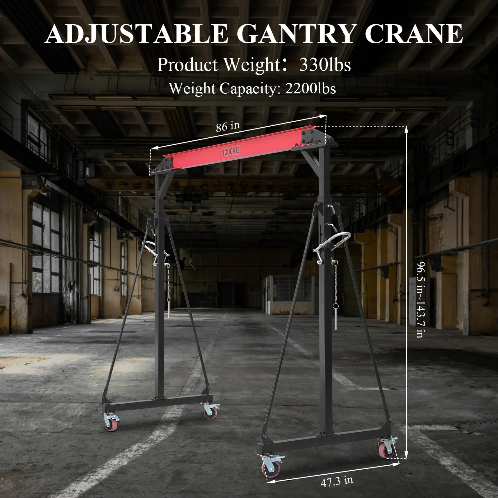 Garvee 1 Ton Adjustable Gantry Crane, 2200 lbs Capacity, Height Adjustable 96.5