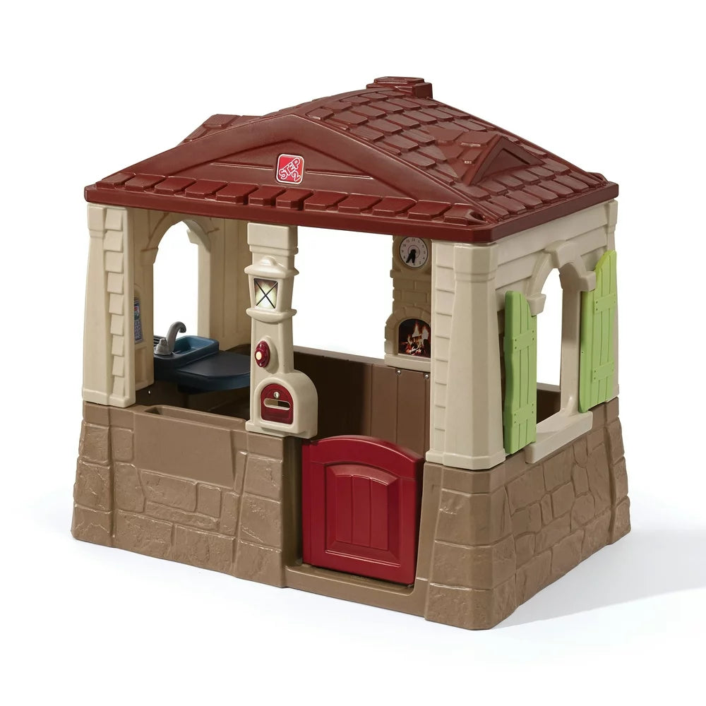 Step2 Neat & Tidy Cottage II Brown Playhouse for Kids – Outdoor Plastic Toy House with Dutch Door & Kitchen