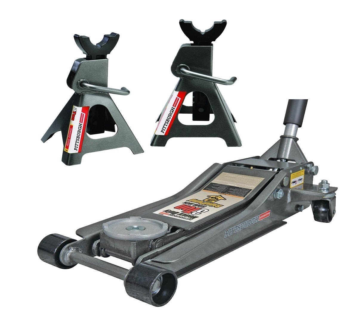 2025 Pittsburg 3 Ton Low Profile Floor Jack and Jack Stands Set Combo with Rapid Pump Quick Lift