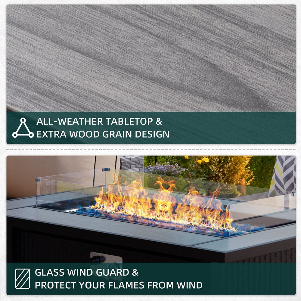 Walsunny 45′′ Steel Propane Fire Pit Table, 50,000 BTU, Rattan Design, 2-in-1 Patio Table with Lid, Lava Rock, and Glass Wind Guard