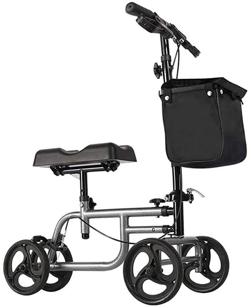 4 Wheels Knee Scooter Walker, All Terrain Rolling Steerable Adjusted Height Walking Aid with Storage Bags