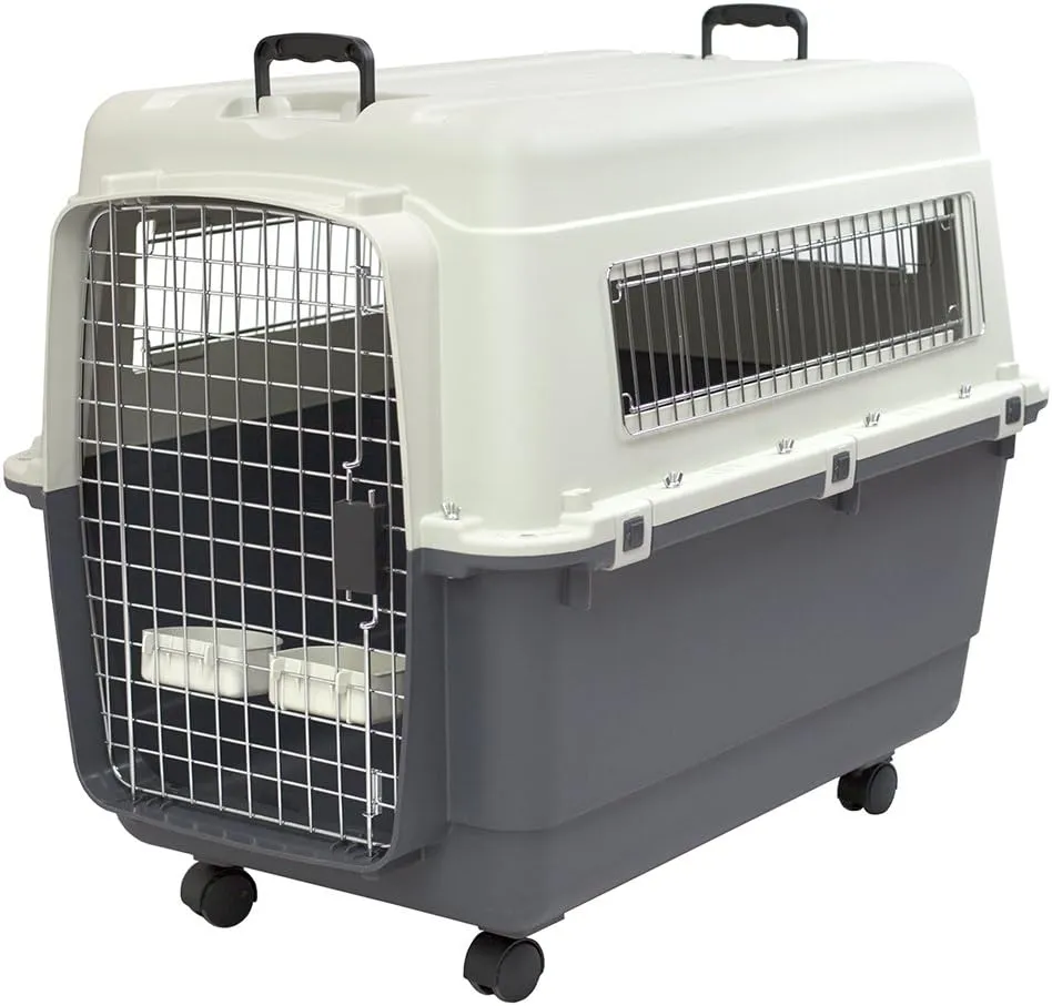 SportPet Designs Plastic Kennels Rolling Plastic Airline Approved Wire Door Travel Dog Crate, XXX-Large, Gray