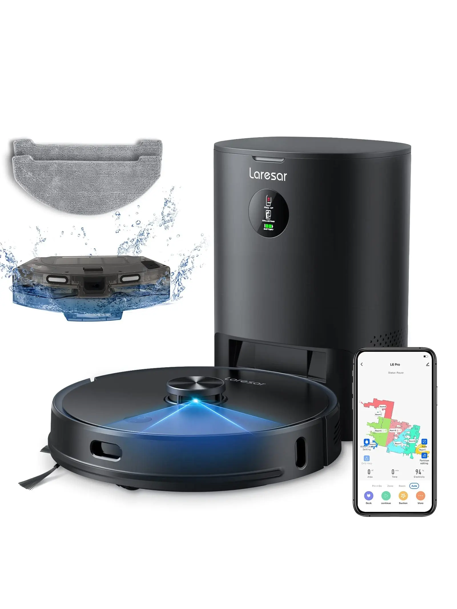 Robot Vacuum and Mop Combo, Laresar L6 Pro Robotic Vacuum Cleaner with Auto Dirt Disposal, App Control, Works with Alexa, Lidar Navigation Smart Mapping, Max 3000pa Suction for Pet Hair/Floors/Carpets