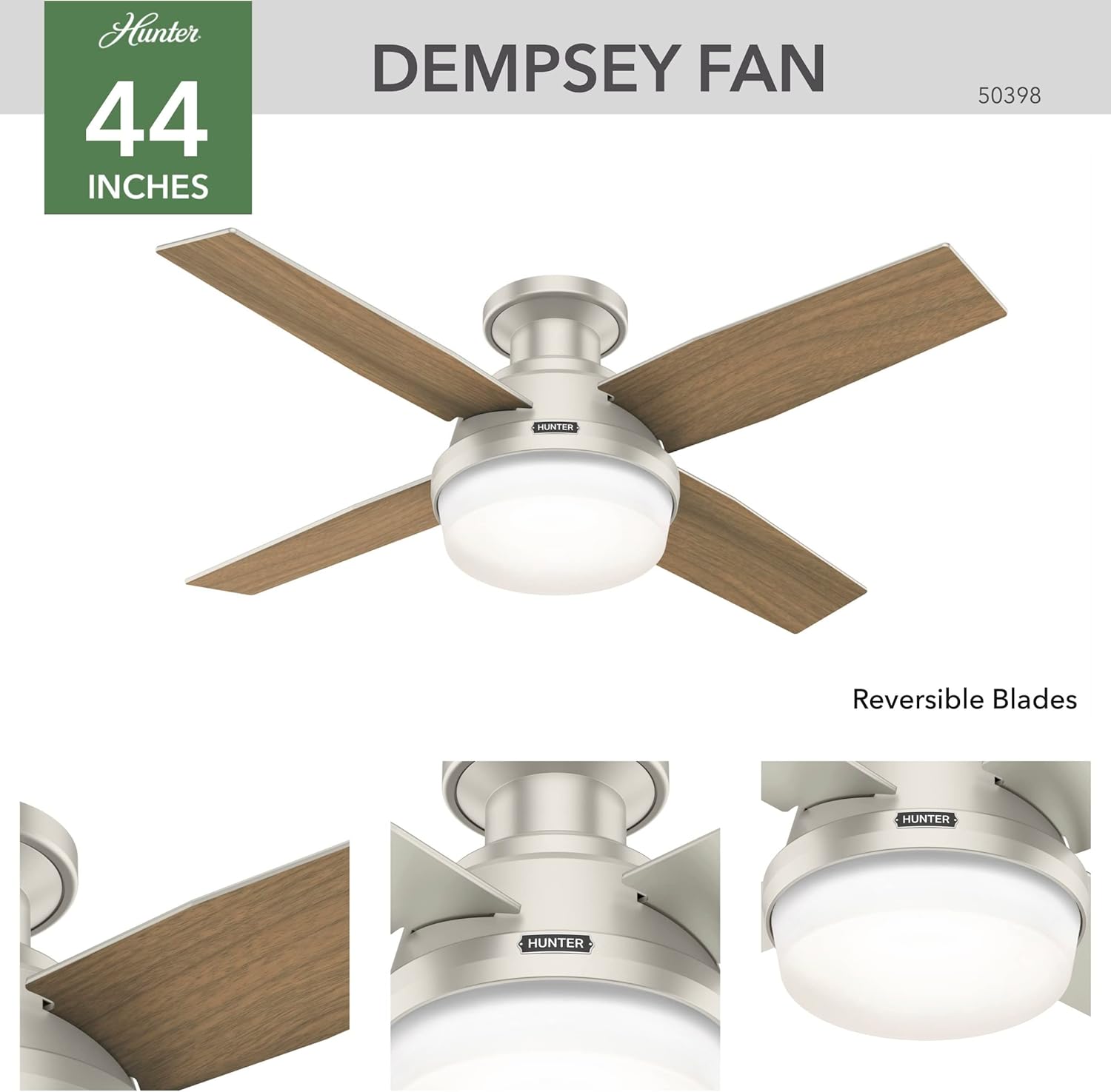 Hunter Fan Company Dempsey Low Profile Indoor / Outdoor Ceiling Fan with LED Light and Remote Control, 44′′, Matte Nickel