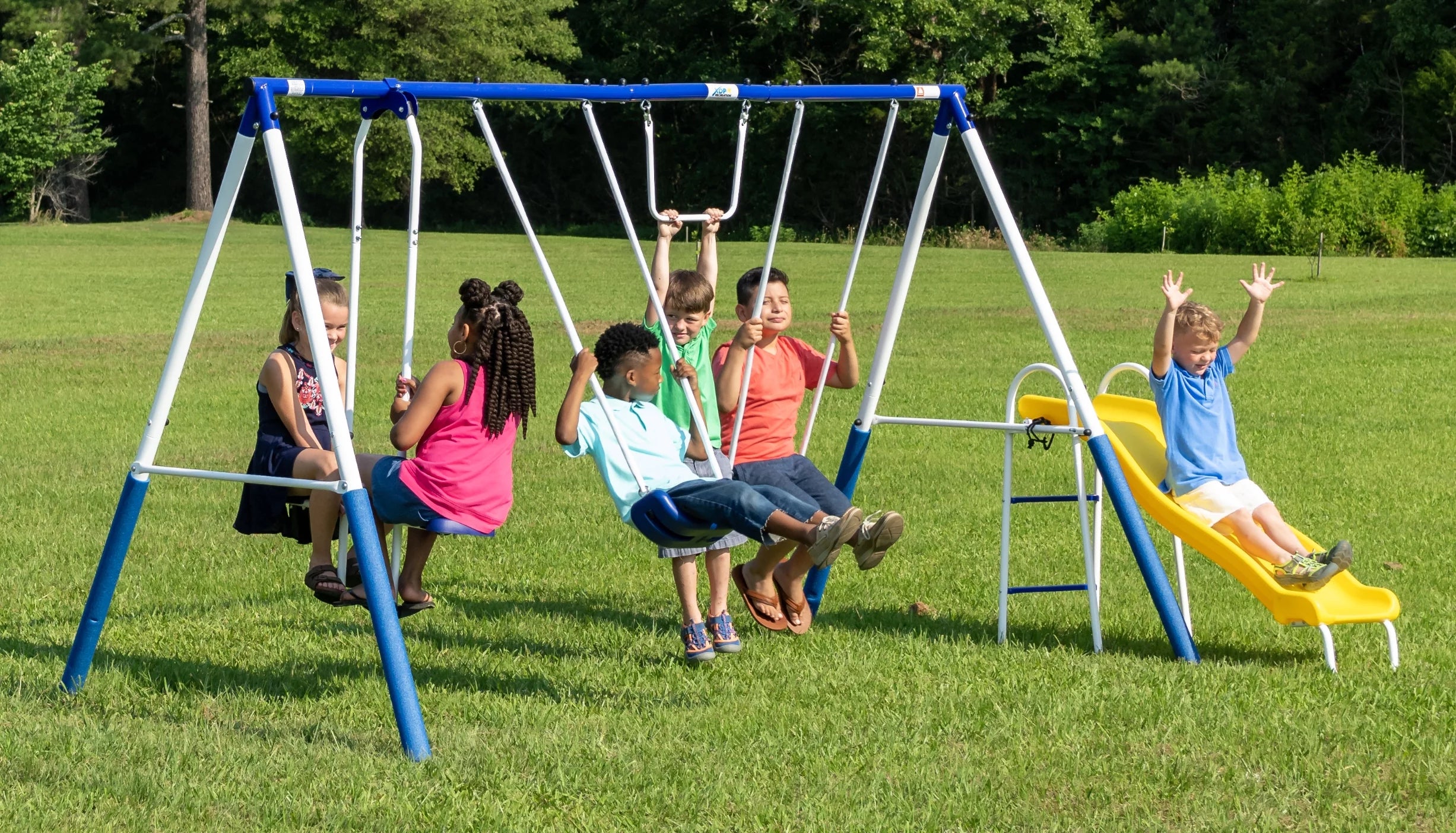 XDP Recreation Play All Day Metal Swing Set with Fun Glider, Bench Swing Seats, Trapeze, Wave Slide