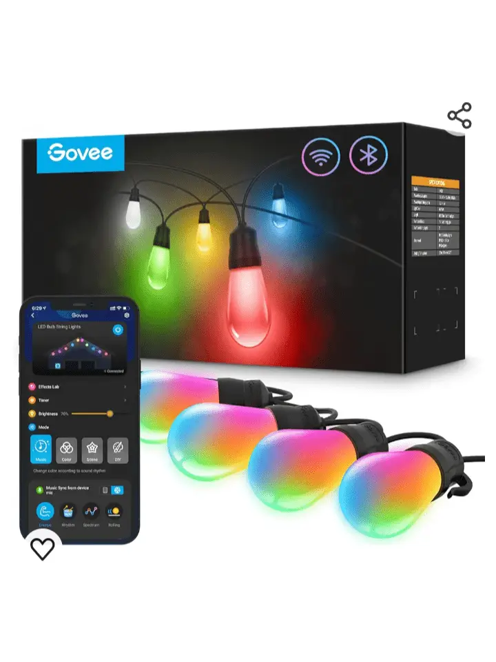 Govee Smart Outdoor String Lights, RGBIC Warm White 96ft (2 Ropes of 48ft) Father's Day LED Bulbs, WiFi Patio Lights Work with Alexa, APP Control, IP65 Waterproof, Dimmable for Balcony, Backyard