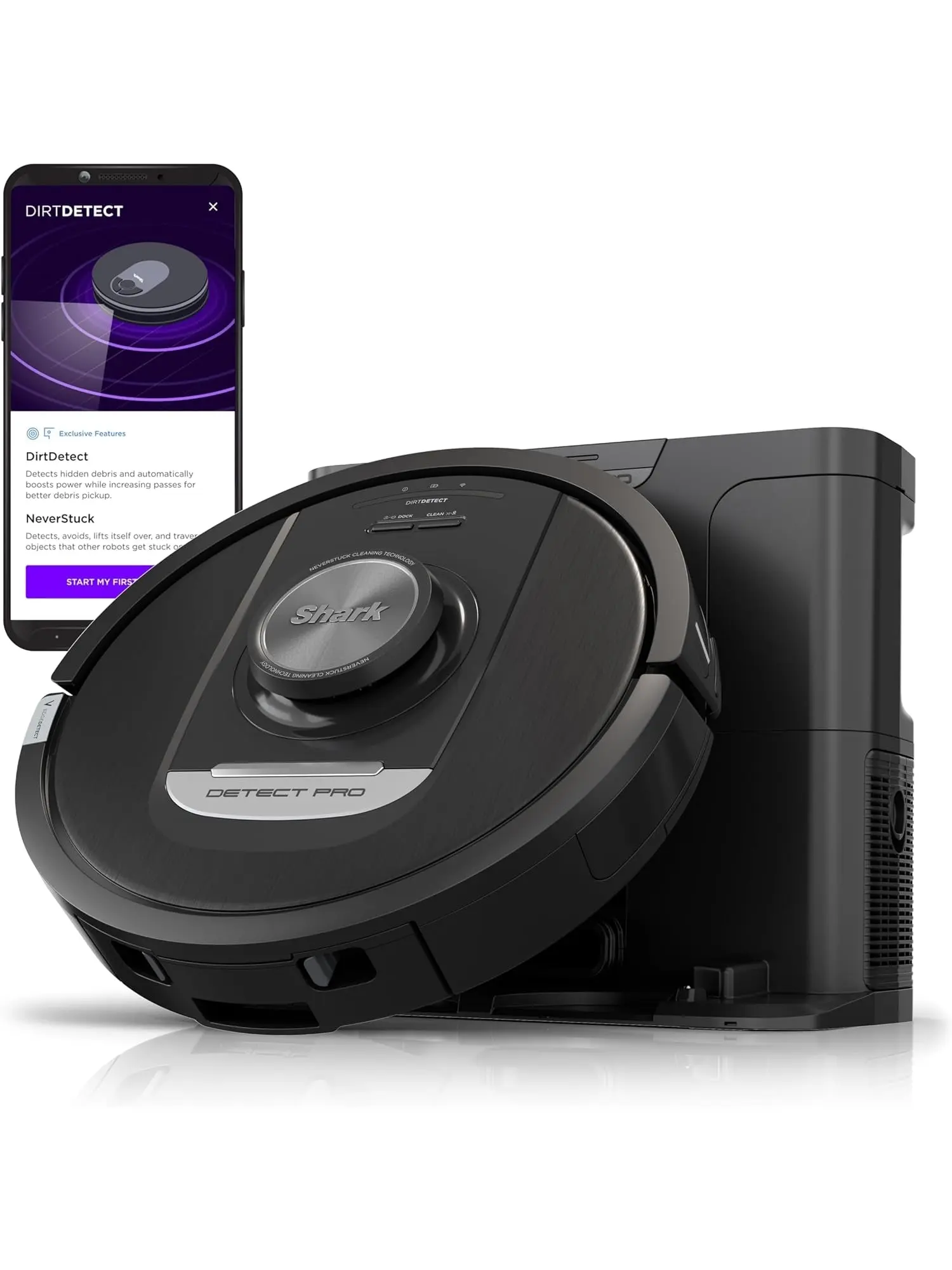 Shark Detect Pro Self-Empty Robot Vacuum with NeverStuck Technology, Auto Deep-Clean Carpets & Hardfloors, 30 Day Capacity HEPA Bagless Base, for Pet Hair, WiFi Black (AV2820S)