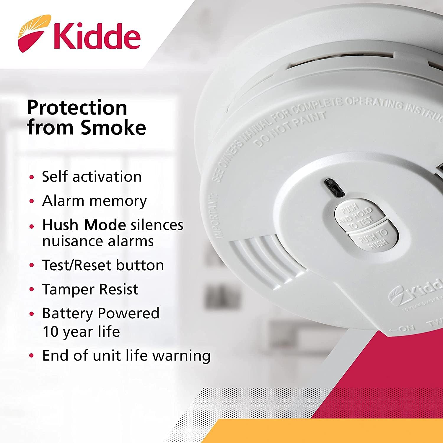 Kidde Smoke Detector, 10-Year Battery, LED Indicators, Replacement Alert, Test-Reset Button, 6 Pack, White