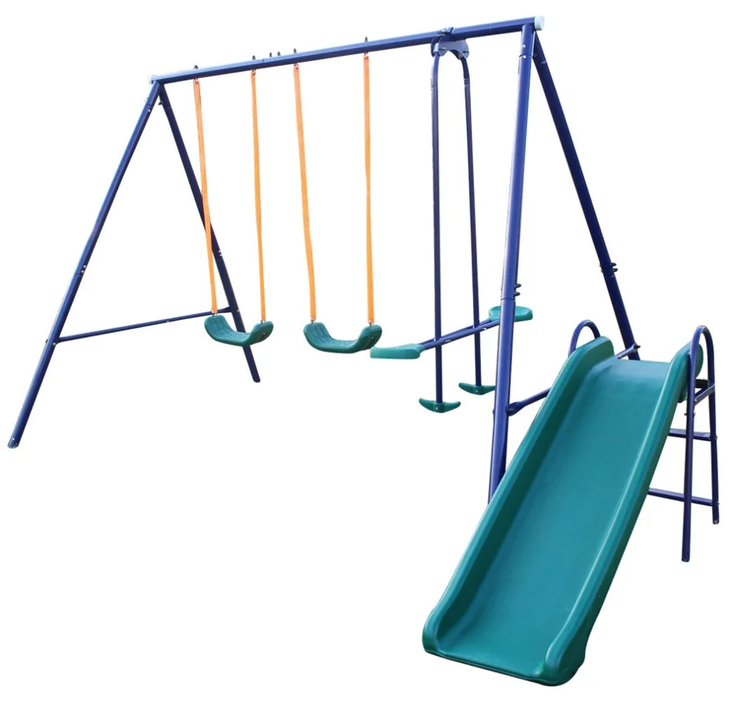 Swing Set, A-Frame Metal Swingsets with Slide Steel Chain and Thick Durable Rope, Safe and Comfortable Kids Swing Set with U-shaped Curve Design for Backyard Outdoor, Blue, Green, Orange