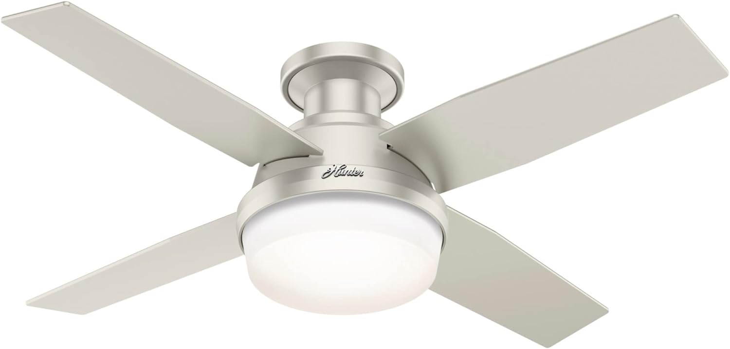 Hunter Fan Company Dempsey Low Profile Indoor / Outdoor Ceiling Fan with LED Light and Remote Control, 44′′, Matte Nickel