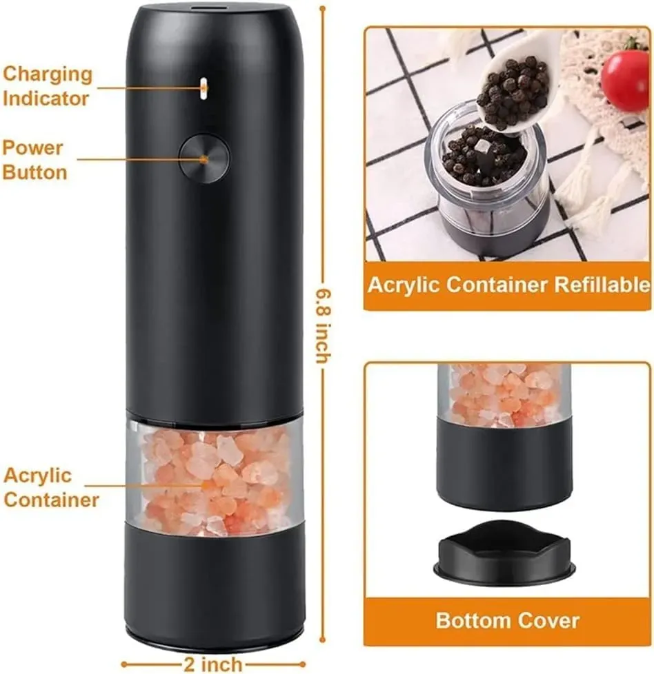 Electric Automatic Mill Pepper and Salt Grinder USB Spice Salt Pepper Grinder with LED Light Adjustable Coarseness Mill Convenient and Durable