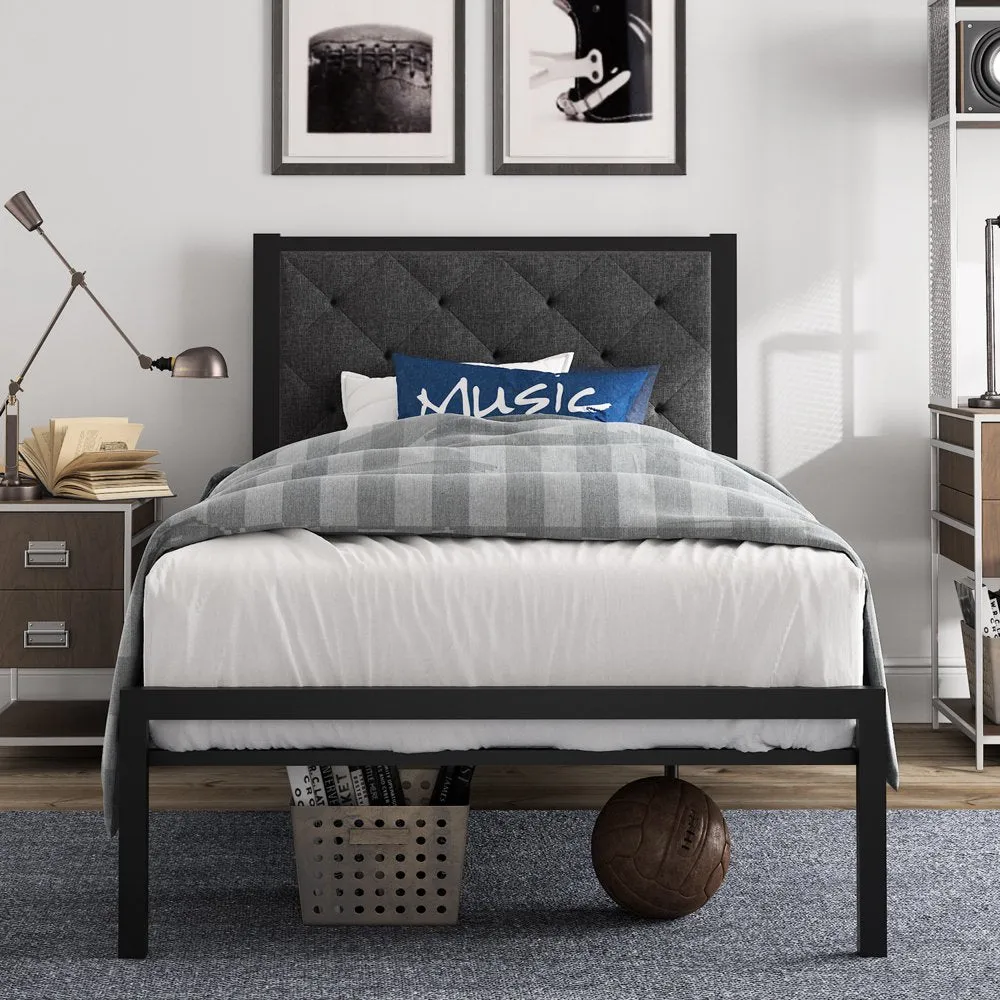Amolife Twin Size Metal Bed Frame with Upholstered Headboard