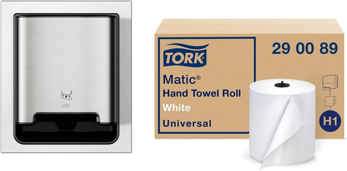 Tork Paper Hand Towel Dispenser, Stainless Steel – H1 + Refill – Universal Paper Hand Towel Rolls (6 Rolls)