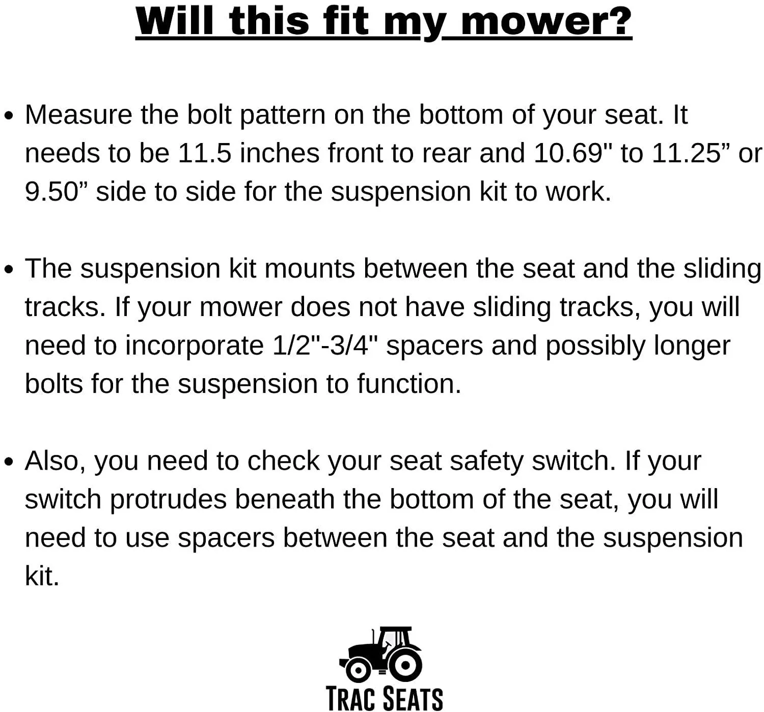 TRAC SEATS Seat Suspension Kit For Zero Turn Lawn Mower Tractor John Deere, Hustler, Z TRAK, Kubota, Exmark – SAME DAY – 1 YEAR WARRANTY