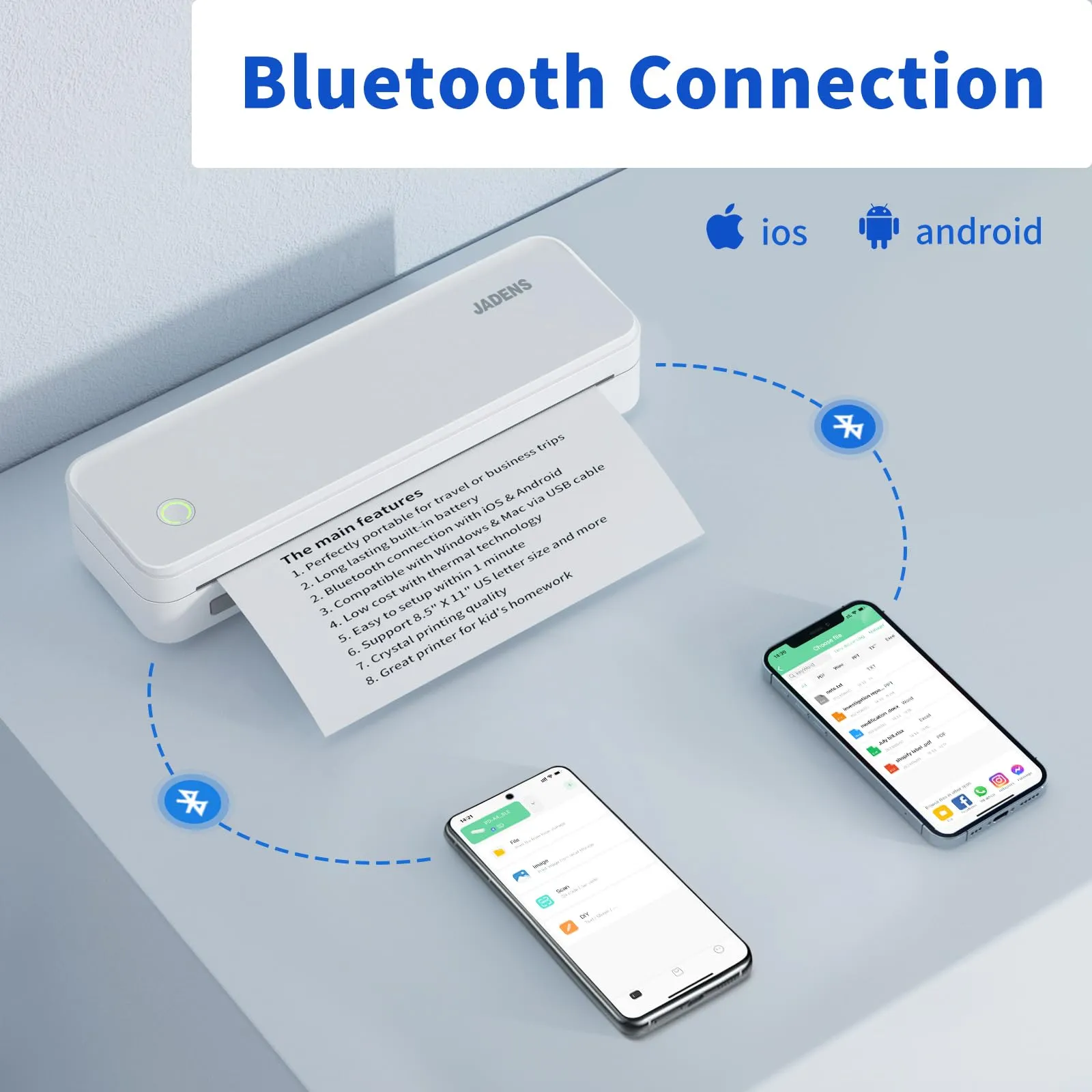 JADENS Portable Printers Wireless for Travel, Support 8.5