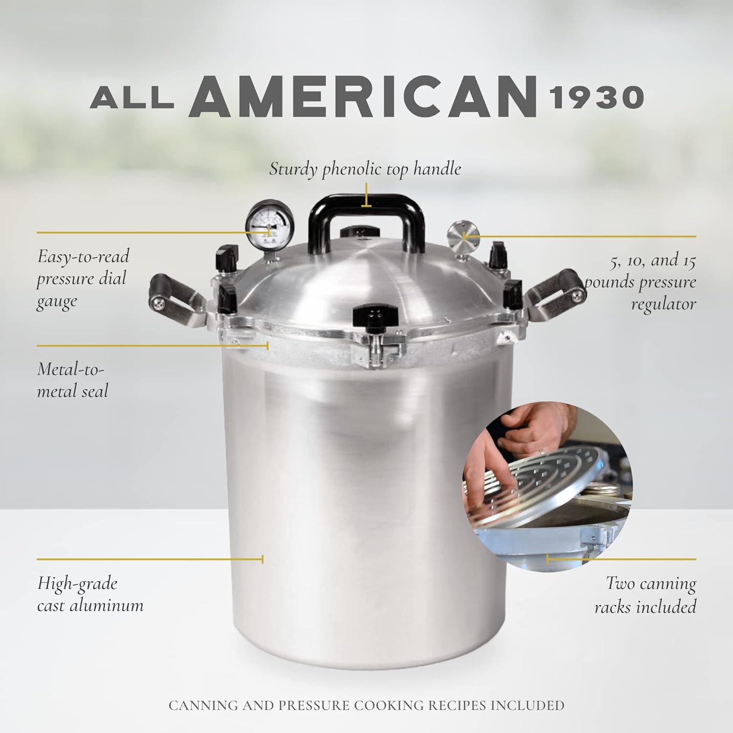 All American 1930: 21.5qt Pressure Cooker/Canner (The 921) – Exclusive Metal-to-Metal Sealing System – Easy to Open & Close – Suitable for Gas, Electric, or Flat Top Stoves – Made in the USA