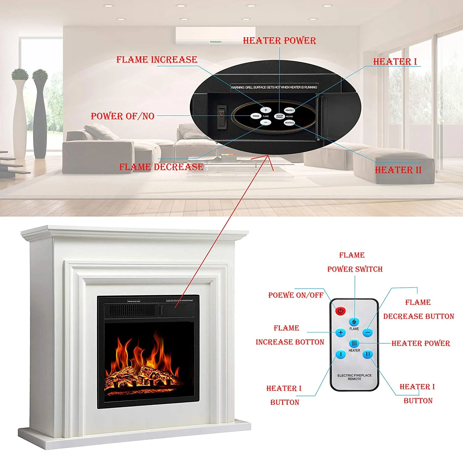 R.W.FLAME 36'' Electric Fireplace with Mantel Package,750-1500W