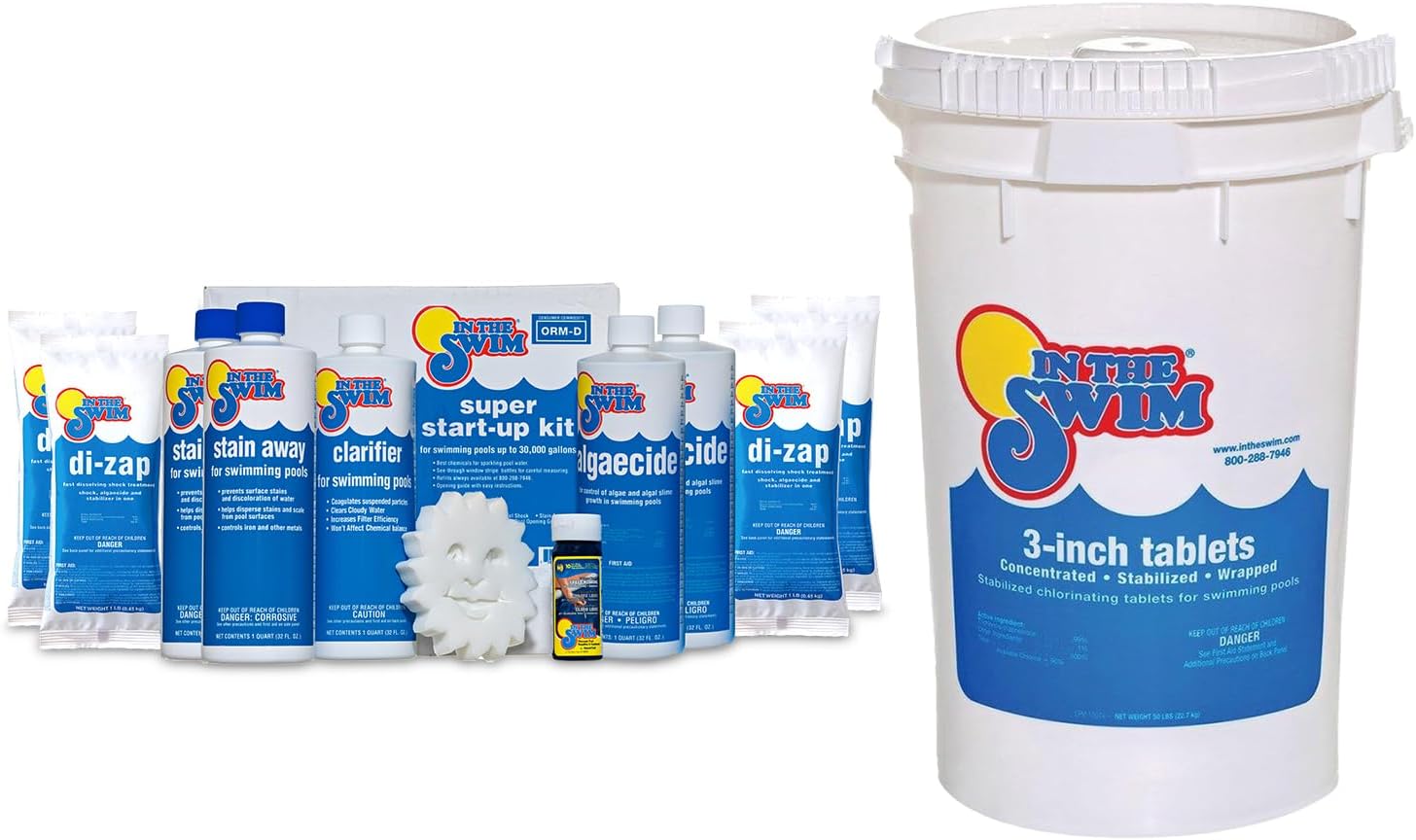 In The Swim Chlorine and Shock Bundle for Sanitizing Swimming Pools – Includes 50 Pound Bucket of 3 Inch Stabilized Chlorine Tablets and 24 x 1 Pound Bags of 68% Cal-Hypo Pool Shock
