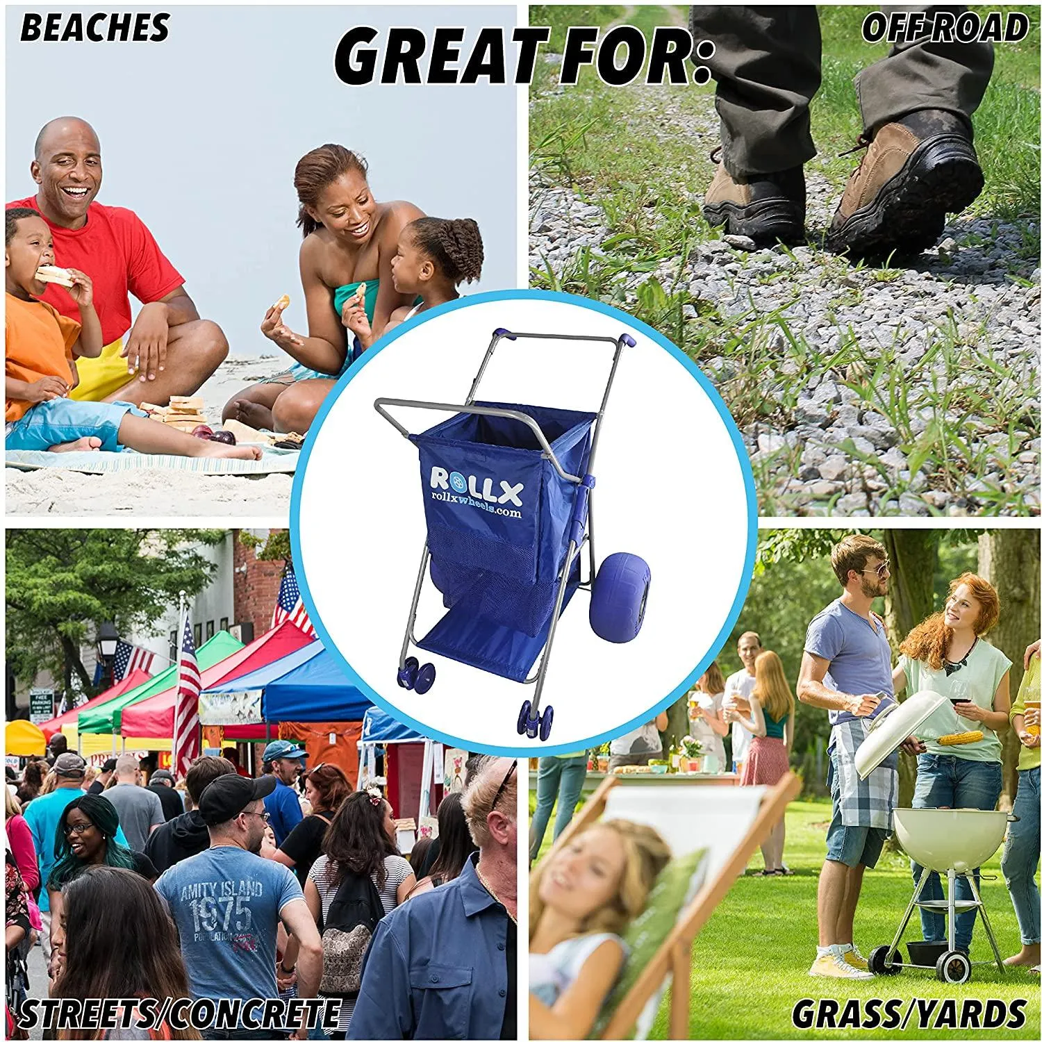 RollX Foldable Storage Wagon Beach Cart 12 inch Balloon Wheels – ( Pump Included ) (Blue)
