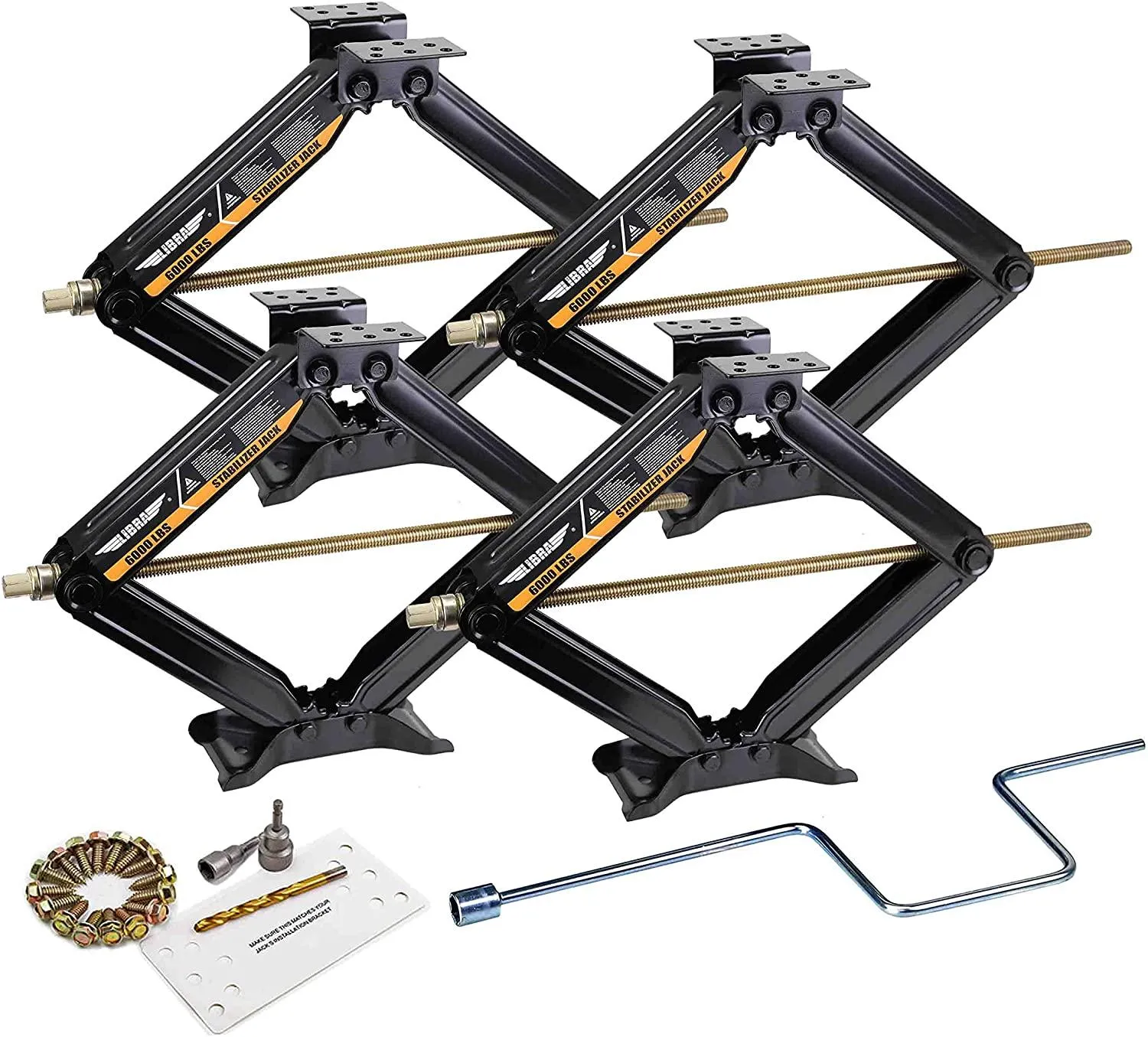 Set 4 Libra 24′′ 6000lbs RV Trailer Stabilizer Leveling Scissor Jacks w/ Dual Power Drill sockets & mounting Hardware Set