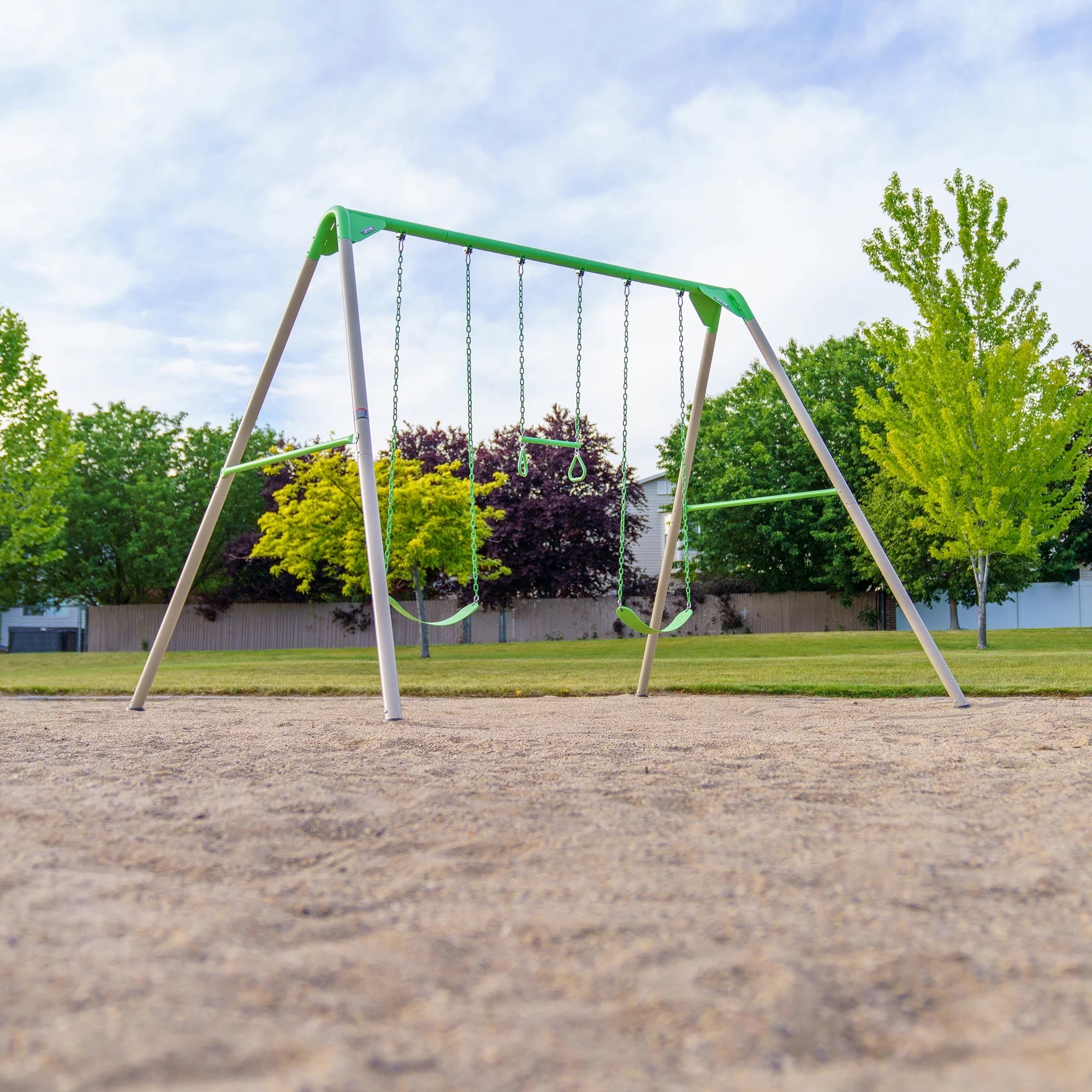 Lifetime Kid’s Metal Swing Set with 2 Belt Swings and Trapeze Bar – 9 feet (91206)