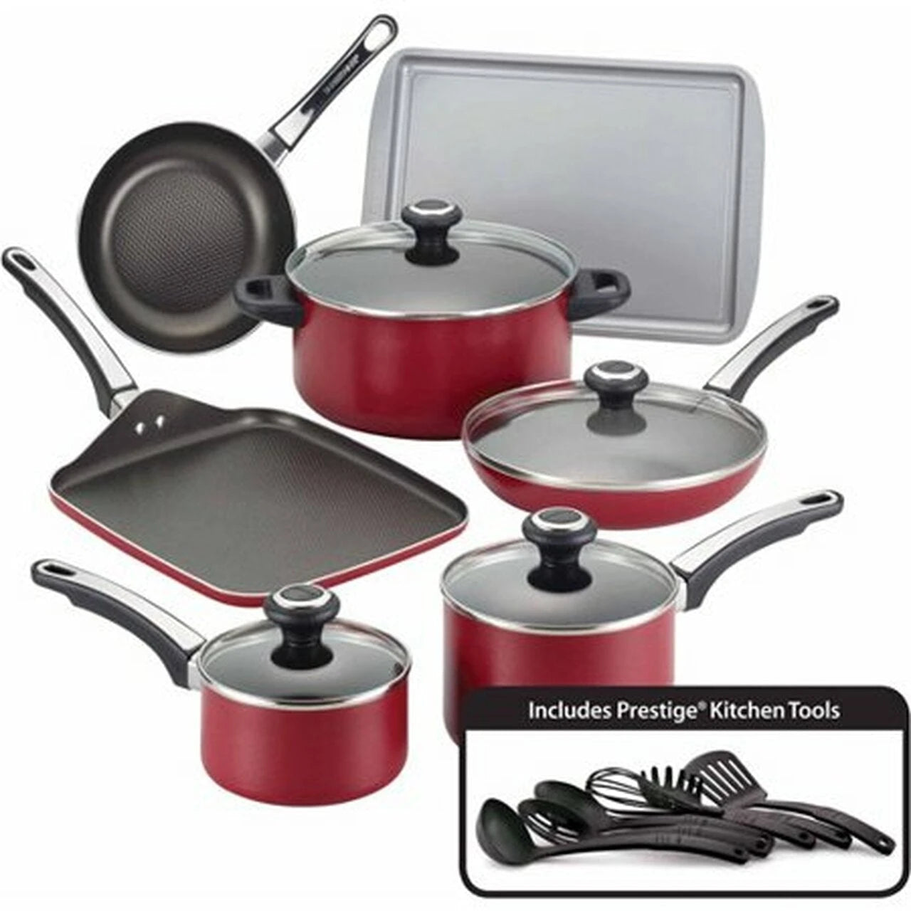 Farberware 17-Piece High Performance Aluminum Nonstick Pots and Pans/Cookware Set, Red