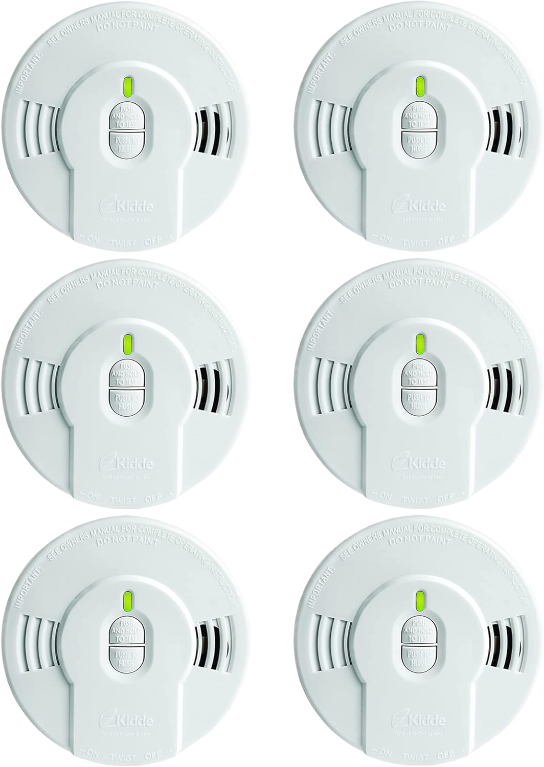 Kidde Smoke Detector, 10-Year Battery, LED Indicators, Replacement Alert, Test-Reset Button, 6 Pack, White