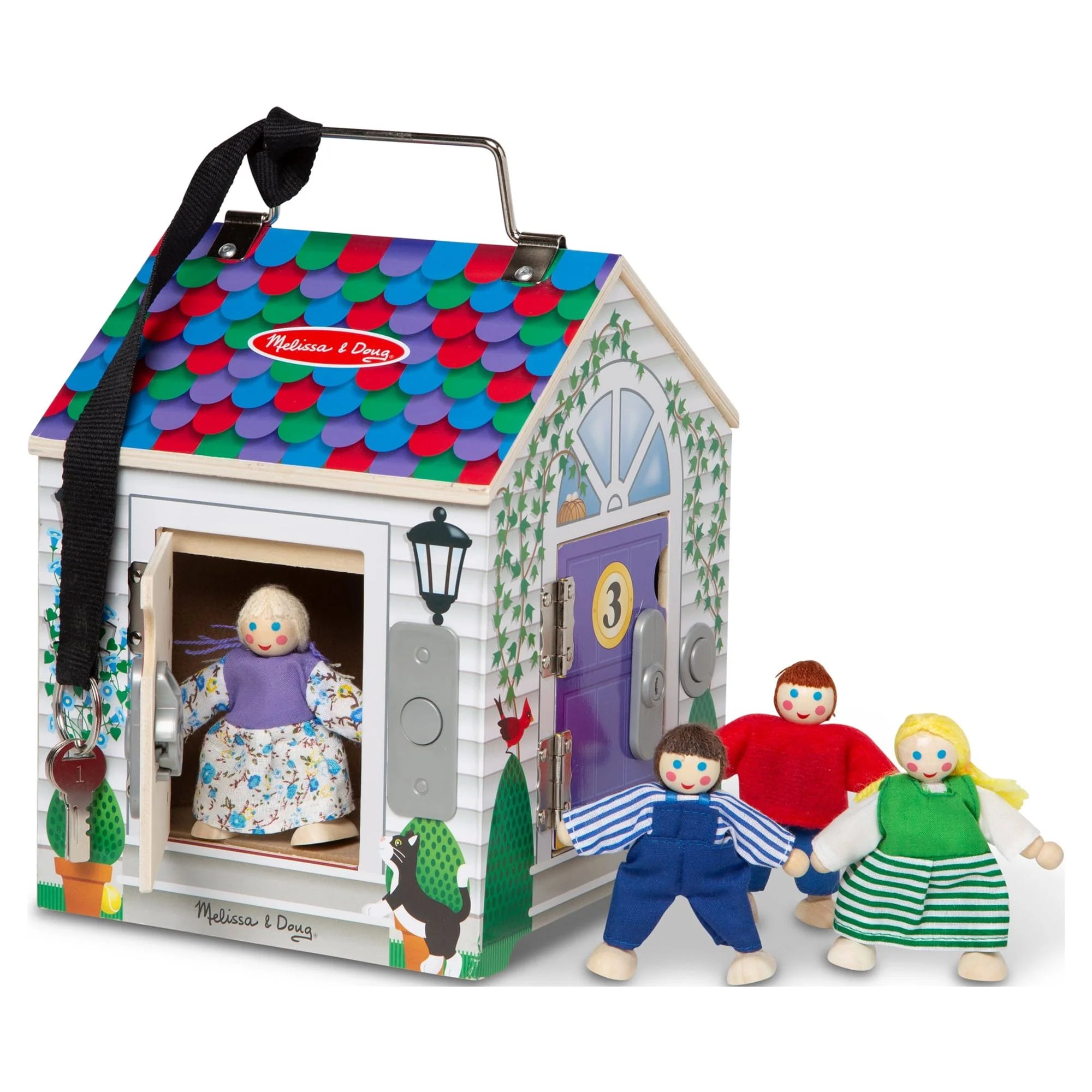 Melissa & Doug Take-Along Wooden Doorbell Dollhouse – Doorbell Sounds, Keys, 4 Poseable Wooden Dolls