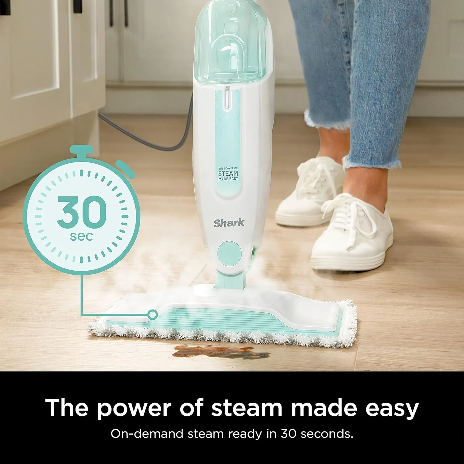 S1000 Steam mop with 2 catch pads, light weight, safe, machine washable, removable tank, white/Seafoam