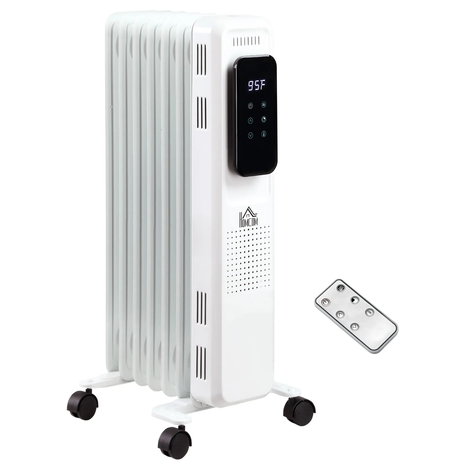 Carevas 1500W 7-Fin Oil Filled Radiator Electric Space w/ Remote & Wheels, White