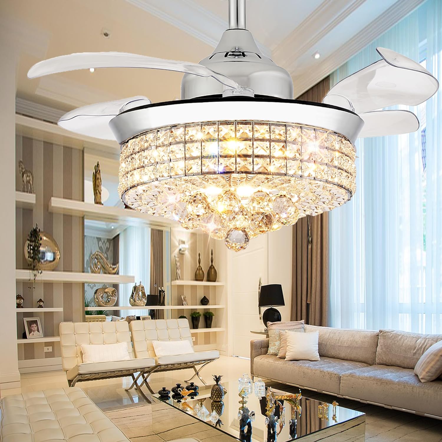 48′′ Dimmable Black Fandelier Crystal LED Ceiling Fans with Lights and Remote Modern Retractable Blade Ceiling Lighting Fan Kit for Bedroom Dinning Room Living Room